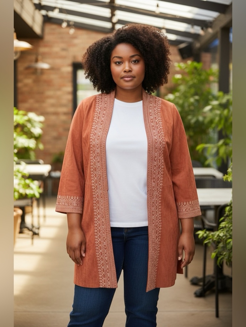 Soft surroundings Embroidered Open-Front Rust Kimono Jacket